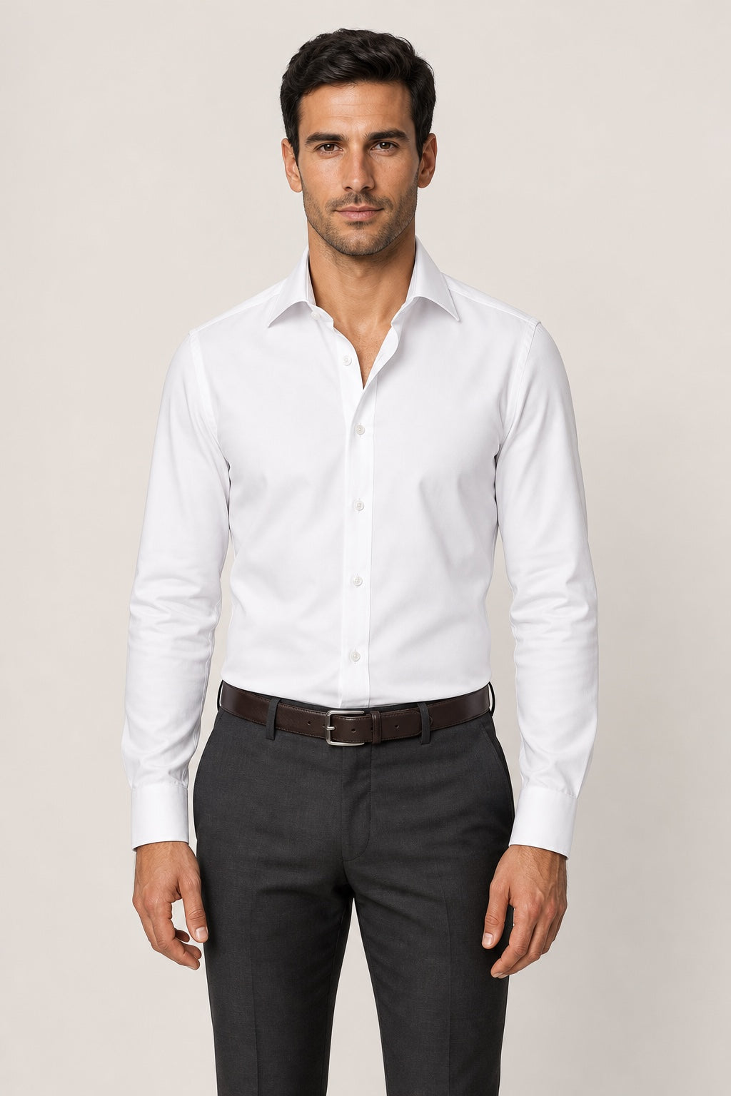 HADUR Camicia white bamboo dress shirt on a model