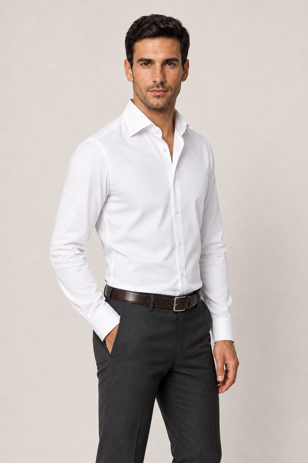 HADUR Camicia white dress shirt on a model, three-quarter view