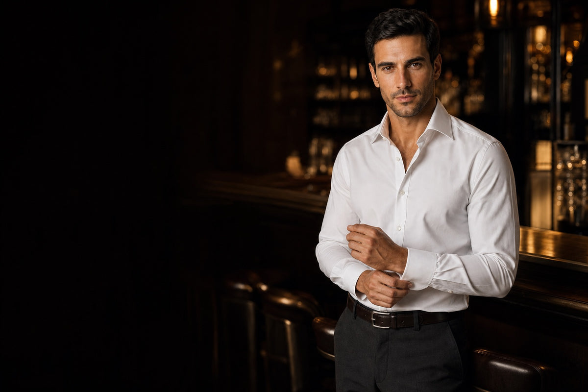 A man in a white HADUR dress shirt fastening his cuff in a dim hotel bar at night