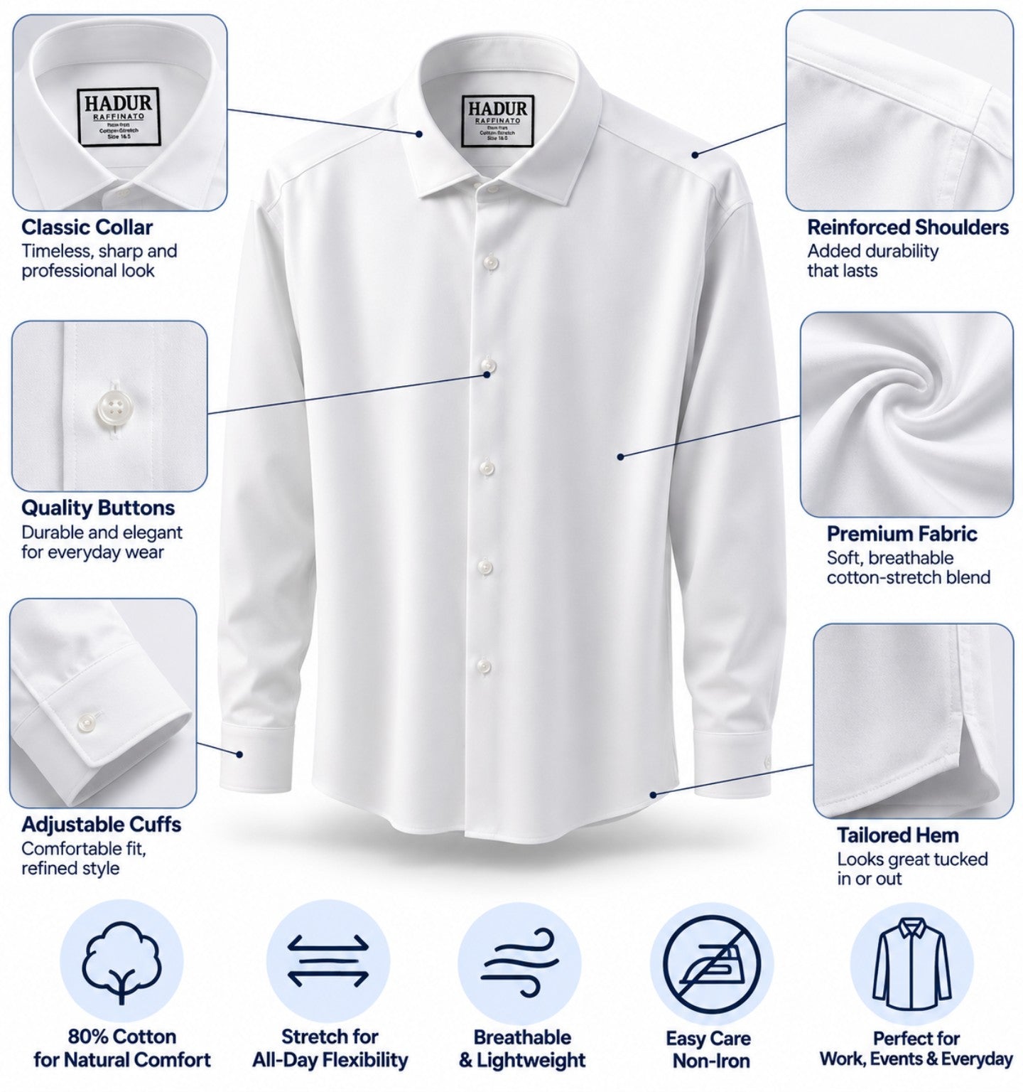 Raffinato features: collar, cuffs, stretch panels